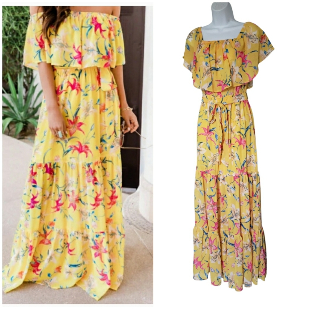 Yellow Floral Tiered Maxi Sun Dress Size Small Beach Vacation Spring